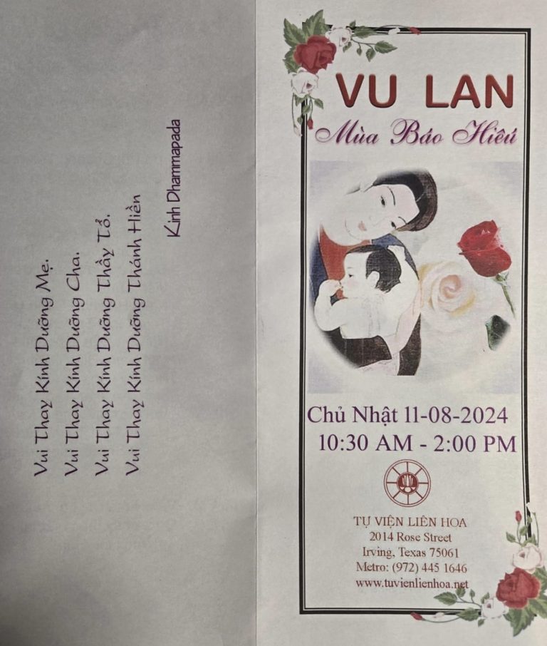 Tự Viện Liên Hoa kính mời quý đồng hương và quý phật tử đến chùa tham dự Lễ Vu Lan, mùa báo hiếu.