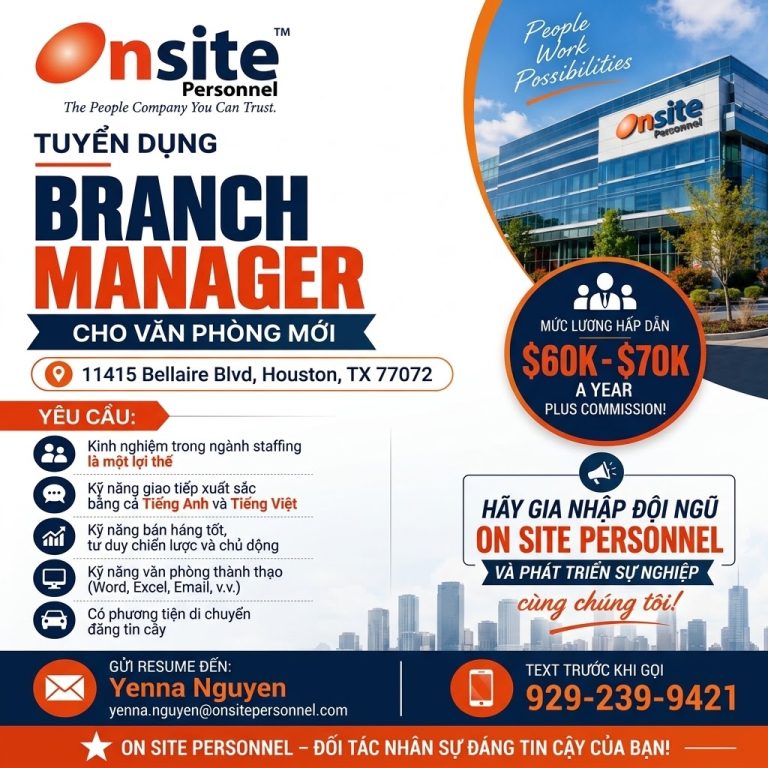On Site Personnel đang tìm kiếm ứng viên tài năng cho vị trí Branch Manager tại văn phòng mới.